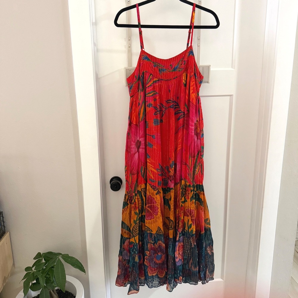 New* Farm Rio Mixed Prints Maxi Dress Floral Metallic Tiered Large Sunset Boho